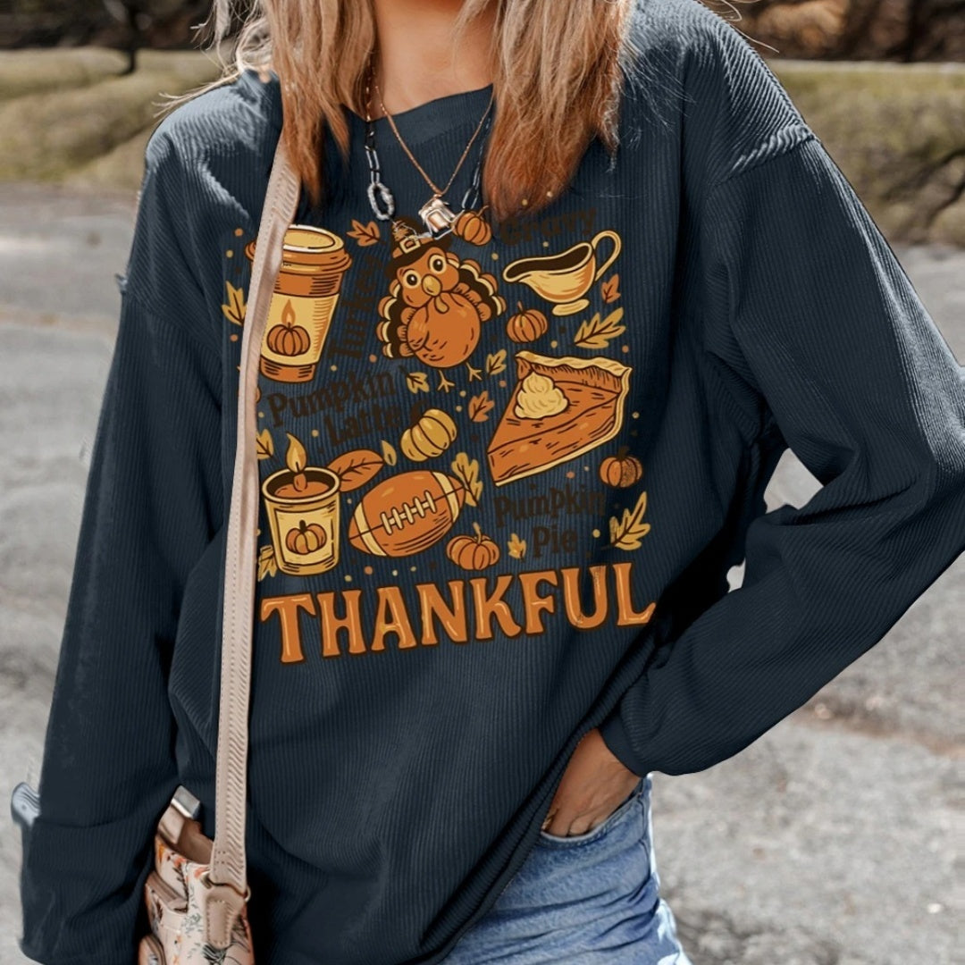 Basic Solid Color Long Sleeve Loose Sweater with Print