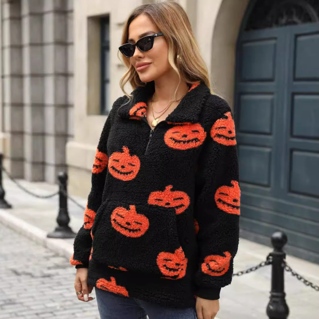 Euro-American Style Plush Half-Zipper Pumpkin Halloween Sweatshirt